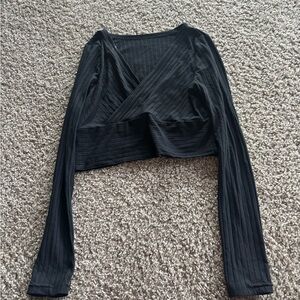 SHEIN Black Ribbed Wrap Crop Blouse